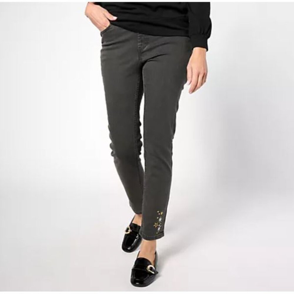 Denim & Co. Signature Perfect Flex Embroidered Denim-Grey Wash-Plus 20